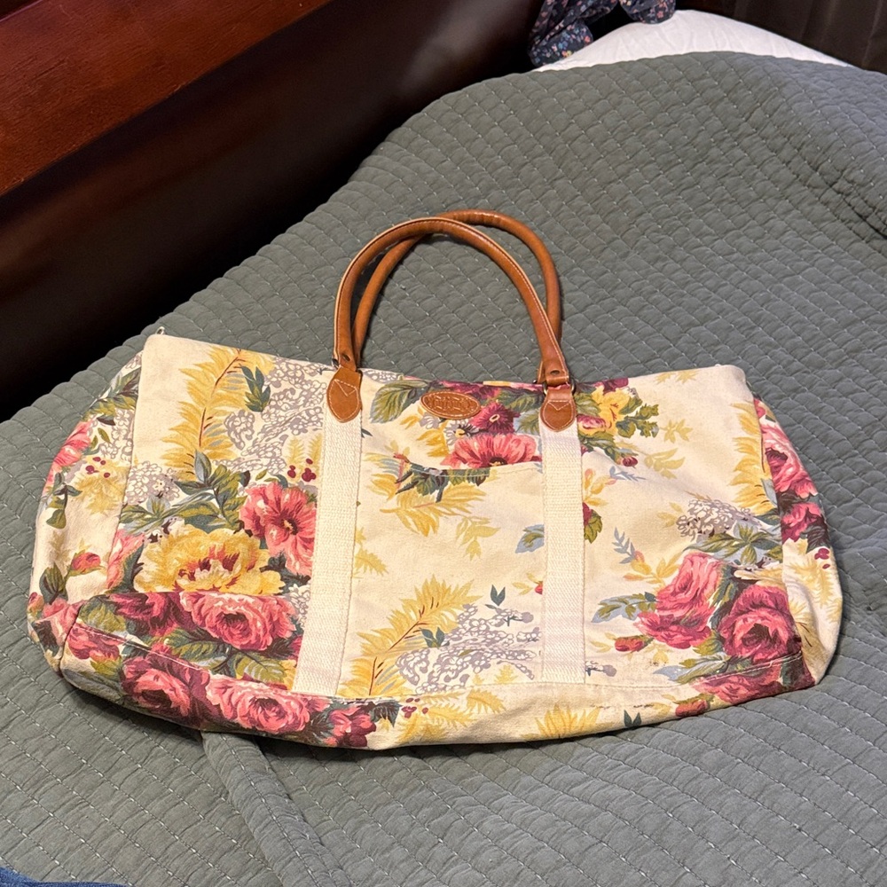 Floral Canvas Weekender Tote Bag with Leather Handles